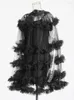 Robes de fête Robe en filet patchwork élégant pour femmes stand collier demi-manches hautes hautes plis épissés designer femelle