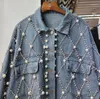 Jackets femininos vintage azul pesado trabalho diamantes de jeans miçanos femininos soltos casuais cowboy de caça -mira coreana de manga longa