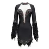 Casual Dresses JUNE LIPS 2024 Spring/Summer Sexy Black Long Sleeved Feather Diamond Bandage Dress Women's Celebrity Club Evening