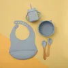 5pcs/1set silicone palha de palha de bebê desenho animado gato gato tigela impermeabilizada touchs anti-deslizamento BPA pratos livres para bebês tableware 240510