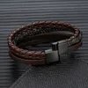 Bracelets de charme Mkendn Moda Men Men trançado corda multicamada pulseira de couro fosco preto em aço inoxidável Bangle de jóias tecidas à mão Y240510