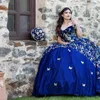 Blue Royal Puffy Princess Quinceanera Robes 2024 Off épaule 3d Floral Bow Gillter Sequins Lace-Up Corset Vestidos 15 Anos Rosa