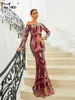 Robes décontractées Missord 2024 Elegant Red Primp Sequin Prom Robe Femmes Slash Coule Long Serme Bodycon Party Femme Robe de soirée