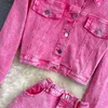 Autumn Women Pink Denim Sets Lapel Long Sleeve Short Jacket High Waist Skirt Korean Female Two Piece Set Streetwear 240510