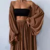 Sleeve de traje tracksuit Sexy para a pele de cenas longas Tubo de calça de perna larga e largura Terno de roupa para viajar