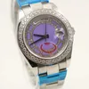 40 mm heren automatische horloges weergeven ronde paarse wijzerplaat met diamant roestvrije horlogecase 241E