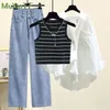 Pantaloni da gamba a gamba in denim casual estivo 2024 Casualmente set coreano elegante shirttank topjeans Topjeans Topjeans 240510