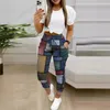 Damen zweisteuelhafte Hosen Mode Kurzarm Shirt Hosen Set Office Dame lässige losen runden Hals Buchstaben Drucken Frauen Outfit 2024