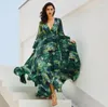 Women Vintacy Long Sleeve Dress Green Tropical Beach Vintage Maxi Dresses Boho Casual V Neck Belt Lace Up Tunic Draped Plus Size D8587967