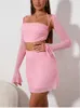 Arbeitskleider Colysmo Sweet Pink 2 Stück Set Frauen sexy Full Ärmel Rückenless Top Eine Linie Stretchy Minirock -Sets passendes Party Club -Outfit