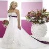 Hot Selling New Elegant White and Purple Emboridery Wedding Dresses Sleeveless Satin Court Train Strapless Bridal Gowns 307S