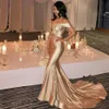 Arabian Dubai Champagne Prom Dresses 2019 Elegant Off the Schouder Evening Feestjurk Long Beach Bridal Jurken 0510