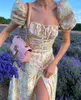 Sukienki imprezowe Seksowne kwiatowe sukienki z nadrukiem Women Split Puff Short Sleeve Elegancki koronkowy klub Laides Summer Maxi