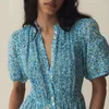 Robe de créateurs robes de plage Femmes 2024 Été Nouveau imprimé floral bleu avant Pigure à mi-longueur jupe en queue de poisson avec manches bulles robes vestimentaires dames