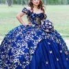 Blue Royal Puffy Princess Quinceanera Robes 2024 Off épaule 3d Floral Bow Gillter Sequins Lace-Up Corset Vestidos 15 Anos Rosa