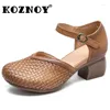 Kledingschoenen Koznoy 5,5 cm vrouwen print weven retro koe echte lederen zomers spuit mode gemengde kleur dames dikke hakken ondiep