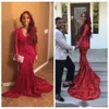 Deep V Neck African Red Cequined Prom z długim rękawem Błyszczące sukienki syreny dopasowane suknie imprezowe wieczorne zużycie 0510