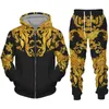 Luxury Golden Pattern 3D Print Mens Zipper Tracksuit Set Casual HoodiePants 2pcs Sethirt surdimension