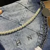 22 Gradient Blue Denim Classic Mini Quilted Shopping Shoulder Bag With Pearls Chain Clutch Silver Coin Charm Metal Hardware Matelasse Chain Crossbody Purse 19X21CM