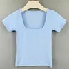 Aktive Hemden 2024 Sommer T-Shirt Square Kragen Schlanke Crop Tops T-Shirt Frauen Kurzarm Baumwolle Tee Frau Kleidung
