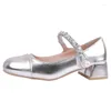 Klänningskor Comemore Silver Elegant för kvinnor 2024 Mary Jane Women's Leather Shoe Pumps Mid Heeled High Heels Low Heel Sandals