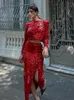 Work Dresses Red Shhoulder Pads Top & Sequin Skirt 2 Piece Set Chic Long Sleeve O Neck Cropped Blouse Elastic Length Lady Party Outfits