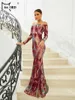 Robes décontractées Missord 2024 Elegant Red Primp Sequin Prom Robe Femmes Slash Coule Long Serme Bodycon Party Femme Robe de soirée