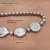 Pendants Style ethnique Gris Gris Grande Coin ronde plate et perle de 8 mm Collier de cou de perles fraîches Face pour femmes