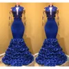 Prachtige 3D bloemen formele jurken pure Long Sleeve Royal Blue Party Dress Lace Applique Pageant -jurken op maat gemaakte avondkleding 0510