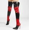 Stiefel sexy rote schwarze Gradient Patent Leder Oberschenkel Frauen hohe Stiletto -Ferse spitzer Zeh Long Knight über Knie