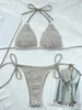 Frauen sexy 2 Stücke Anzug gestrickt Hohlkörpern Badeanzug Dreieck Tanga gepolstert Bikini Halfer Schnürung Badebade Rückenfreie Badeanzüge 240509