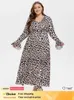 Plus size Dresses Plus Sized Clothing Leopard Printed Dress For Women V Neck Flounce Slve Dress Long Slves Party High Waist Holiday Dress Y240510