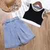 Roupas conjuntos de roupas meninas de meninas pretas tops t-shirt coletes de jeans soltos terno de dança legal verão casaul roupas calças de streetwear