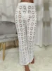 Calça de malha de moda para mulheres brancas crochê longa calça de calça de verão praia usa corda de corda malha as calças de praia hole xl