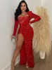 Sıradan Elbiseler Beypern Muhteşem Yansıma Sequin Maxi Elbise İki Parça Set Glam Rhinestone Dantel Bodysuit Sequins Slit Doğum Günü Kulübü