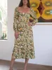 캐주얼 드레스 최신 최고 품질의 세련된 프린팅 스퀘어 칼라 여성 빈티지 미디 드레스 휴가