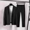 2Pcs Men Blazer Pants Set Spring Fashion Suit Stripe Pleats Long Sleeve Turndown Collar Jacket Drawstring Trousers for Wedding 240507