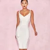 Casual Dresses 2024 Women White Summer Mid-Längd Dress Sexig Lady Belt Spaghetti Strap Bandage Party Club V Neck Bodycon