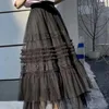 Jupes Matakawa Mesh Ruffles Long jupe solide printemps d'été Sweet Korean Fashion A-line Femmes hautes Rétro Faldas Mujer