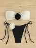 SEXY 3D Floral Designer Bikini Set 2024 Bandeau Push Up Bra Black White Patchwork Micro MAINEMENT SUIRMINATION SUILEM