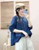 Frauenblusen Ethnische Jeanshemden Frauen Boho Tops Spanienstil Vintage Long Sleeve Button Up Blue Stickerei Jean Bluse Pullover