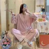 Frauen Nachtwäsche Pyjama setzt Frauen Einfache Langhüllen täglich trendy schicke fit v-hals