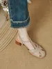 Klädskor äkta läder kvinnor sandaler jintrendy med häl stängd näsa t-rem lady spänne rund tå retro rom