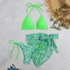 Kadın Mayo 3 Parça Bikini Etek Mayo İpi Kadınlar 2024 Seksi Banyo Takım Plaj Giyim Su Dalgası Baskı Örtüsü