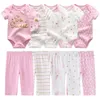 Unisex 6910 -stukken katoen geboren bodysuitspants babymeisjeskleding sets cartoon print korte mouw babyjongen kleren bebes 240507