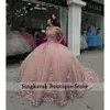 Robes quinceanera rose sweet 16 robes fleurs appliques en cristal perles d'anniversaire robes de fête vestido de 15 robe de bal corset