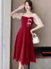 Robes de fête Summer Red Patchwork Sequins Mesh Sobre à manches courtes Robe midi 2024 Luxury Chic perle élégant Bodycon Bridesmaid femme