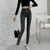 Kvinnors jeans blå grå mager blyertsbyxor kvinnor hög midja femme taille haute estetik casual koreansk elastisk denim blixtlås