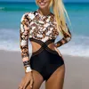 Swimwear féminin 2024 Nouveau Bikini Sexy Womens One Piece Swimsuit Digital Imprimé à manches longues Pantalons de taille haute