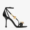 Bridal Wedding Zea Sandals Shoes High Heels Women Square Toes Metal Flowers Black Satin Leather Pumps Elegant Brand Lady Gladiator Sandalias EU35-41